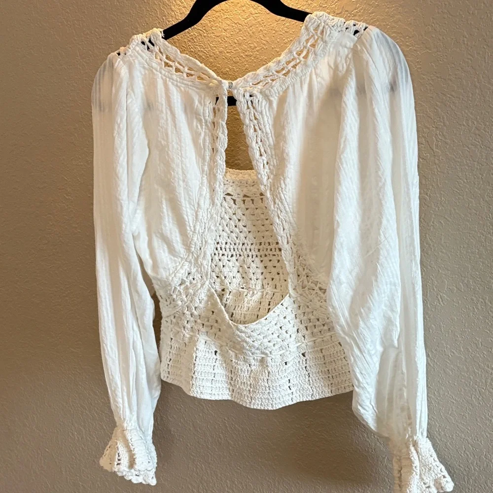 Free People White Crochet Peasant Blouse